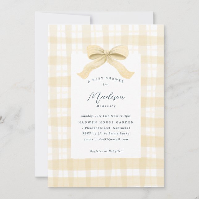 Yellow Watercolor Plaid and Bow Baby Shower Invitation (Front)