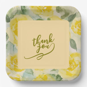 Yellow Watercolor Rose Floral Pattern Paper Plate