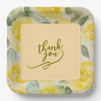 Yellow Watercolor Rose Floral Pattern Paper Plate