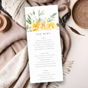 Yellow Watercolor Rose Flower Wedding Menu Card