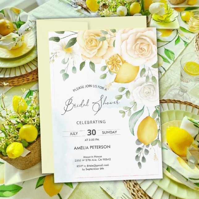 Yellow Watercolor Rose & lemon bridal shower Invitation (lemon bridal shower Invitation)