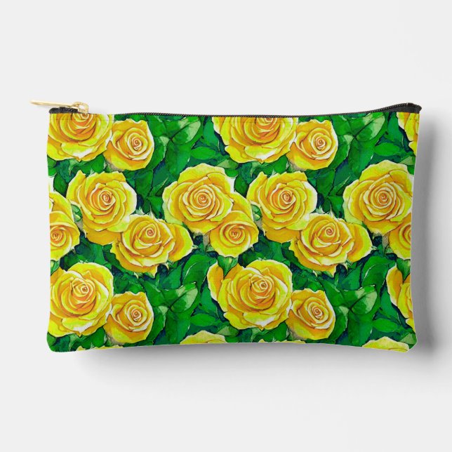 Yellow Watercolor Rose Pattern Accessory Pouch (Front)