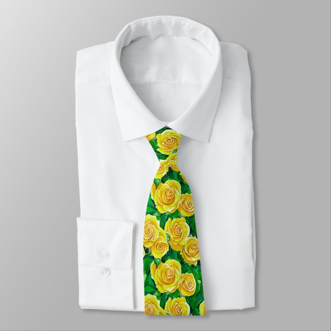 Yellow Watercolor Rose Pattern Tie (Tied)