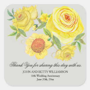 Yellow Watercolor Roses 50th Anniversary Square Sticker