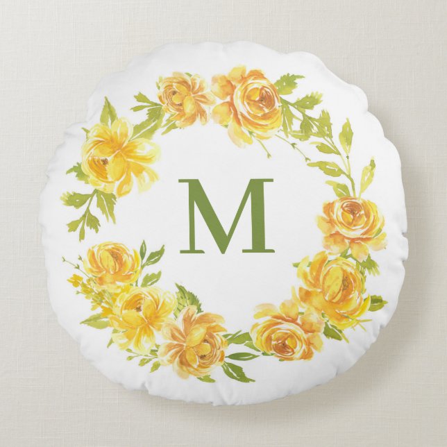 Yellow Watercolor Roses Floral Wreath Monogram Round Cushion (Front)