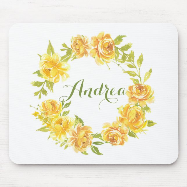 Yellow Watercolor Roses Floral Wreath Personalized Mouse Pad (Front)
