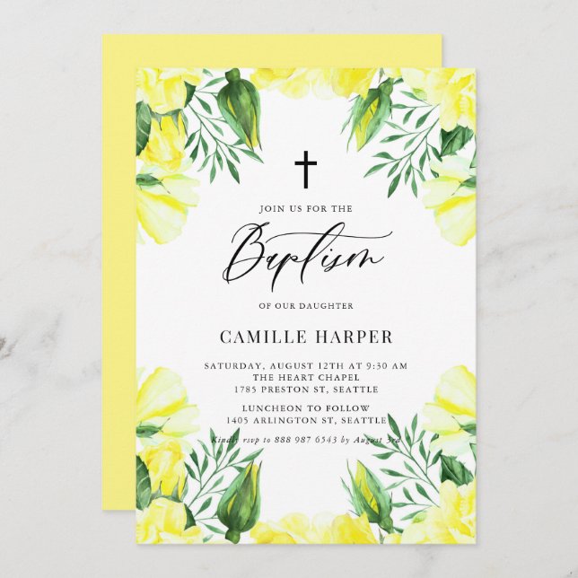 Yellow Watercolor Roses Garland Baptism Invitation (Front/Back)