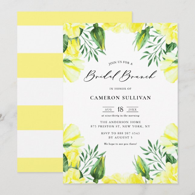 Yellow Watercolor Roses Garland Bridal Brunch Invitation (Front/Back)