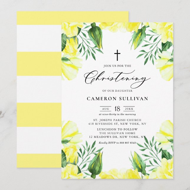 Yellow Watercolor Roses Garland Summer Christening Invitation (Front/Back)