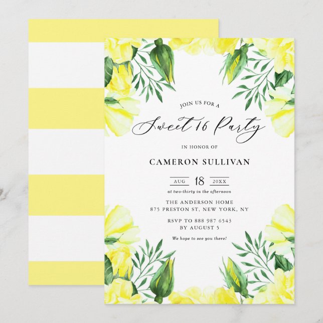 Yellow Watercolor Roses Garland Sweet 16 Party Invitation (Front/Back)