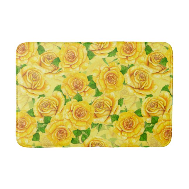 Yellow watercolor roses pattern bath mat (Front)