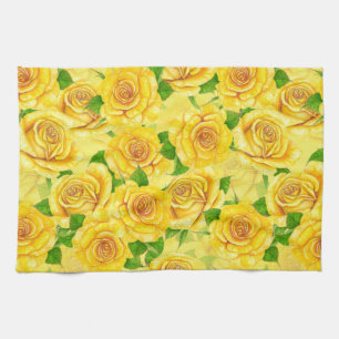 Yellow watercolor roses pattern tea towel
