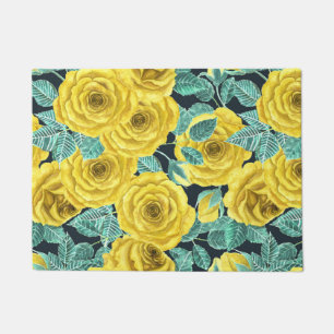 Yellow watercolor roses with leaves and buds patte doormat