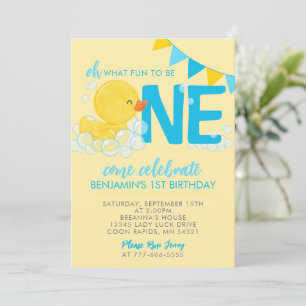 Yellow Watercolor Rubber Duck 1st Birthday Party Invitation