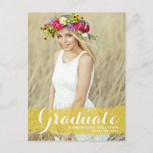 Yellow Watercolor Splash Photo Graduation Postcard