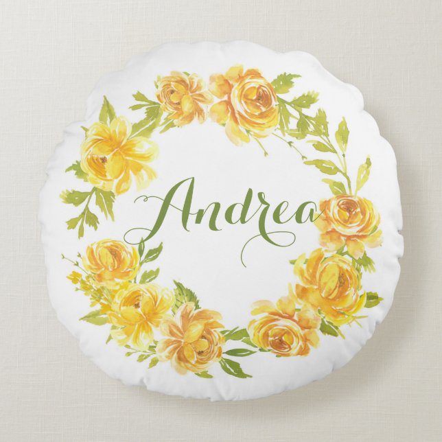 Yellow Watercolor Summer Floral Wreath Nursery Round Cushion (Front)
