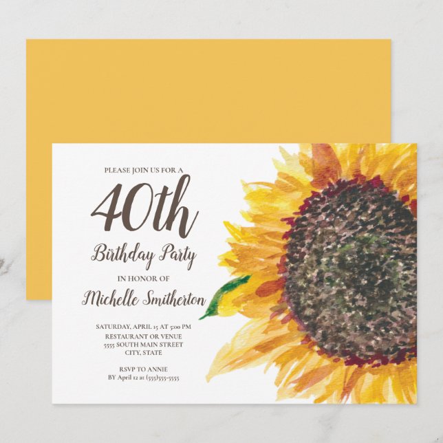 Yellow Watercolor Sunflower 40th Birthday Women Invitation (Front/Back)