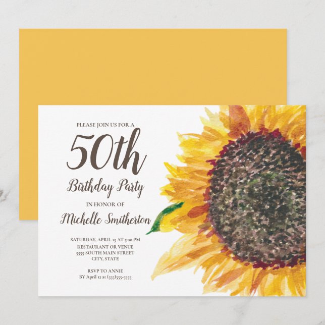 Yellow Watercolor Sunflower 50th Birthday Women Invitation (Front/Back)
