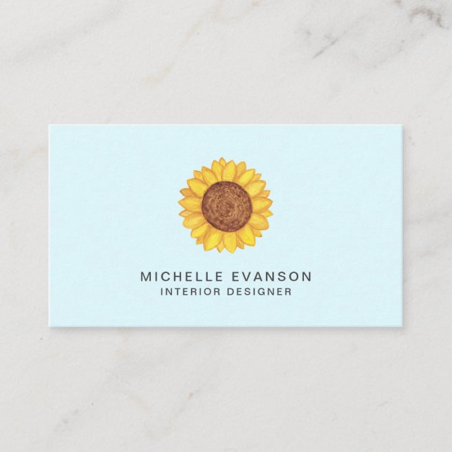 Yellow Watercolor Sunflower Logo on Aqua Blue Business Card (Front)