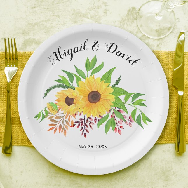 Yellow watercolor sunflowers fall leaves wedding paper plate (Creator Uploaded)