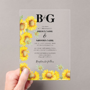 Yellow Watercolor Sunflowers Monogram Wedding Acrylic Invitations