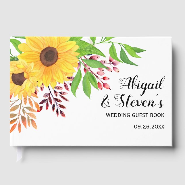 Yellow watercolor sunflowers, typography wedding guest book (Front)