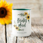 Yellow Watercolor Sunflowers Wildflower Bridesmaid Mug<br><div class="desc">We’ve designed this elegant country style bridesmaid mug. Our design features our hand-painted watercolor golden yellow sunflowers, white cream florals, and natural greenery arranged to create this elegant country-style arrangement. “Bridesmaid” is designed in a modern brush style script . Customise with your bridesmaid’s name. All flowers are hand-painted by Moodthology...</div>