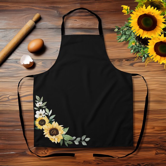 Yellow Watercolor Sunflowers & Wildflower Monogram Apron (Yellow Watercolor Sunflowers & Wildflower Monogram Apron)