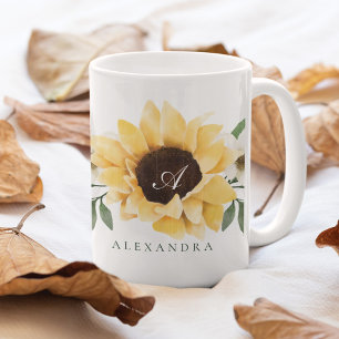 Yellow Watercolor Sunflowers & Wildflower Monogram Coffee Mug