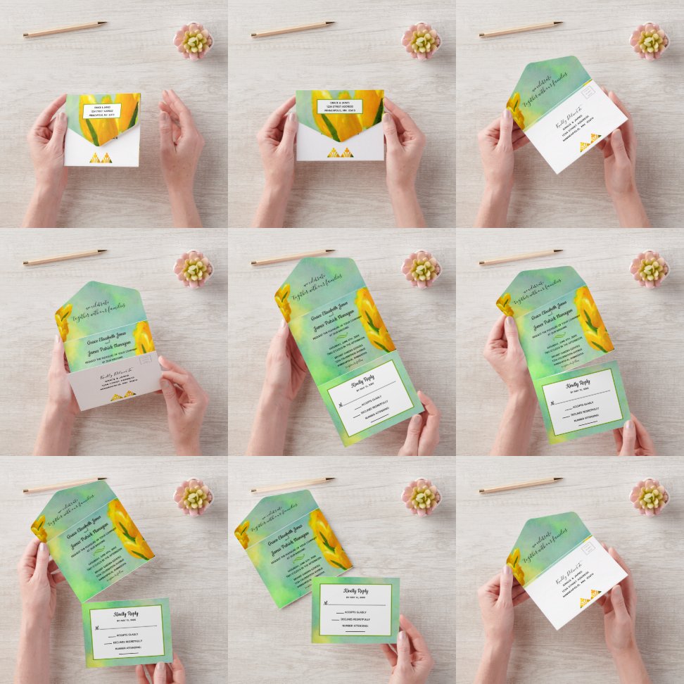 Yellow Watercolor Tulips All in One Wedding Invite
