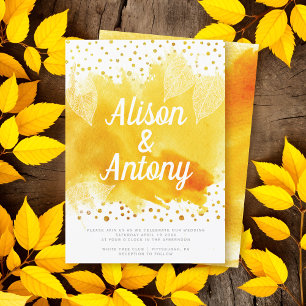 Yellow watercolor typography gold confetti wedding invitation
