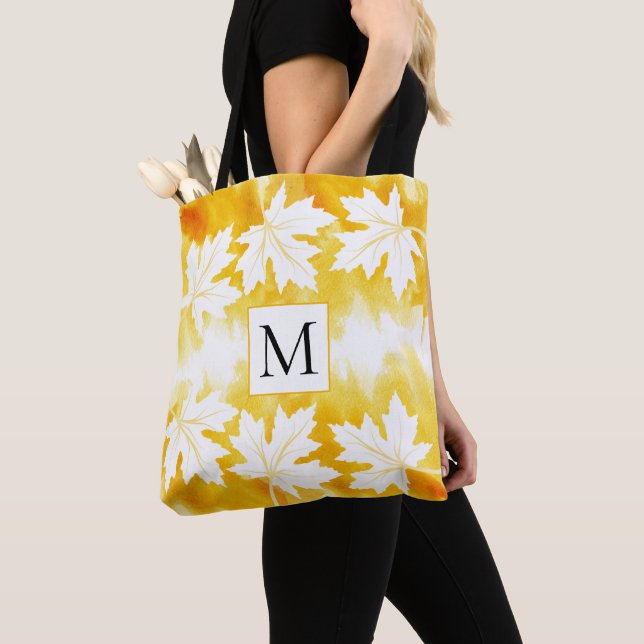 Yellow watercolor wash maple leaves and monogram tote bag (Close Up)