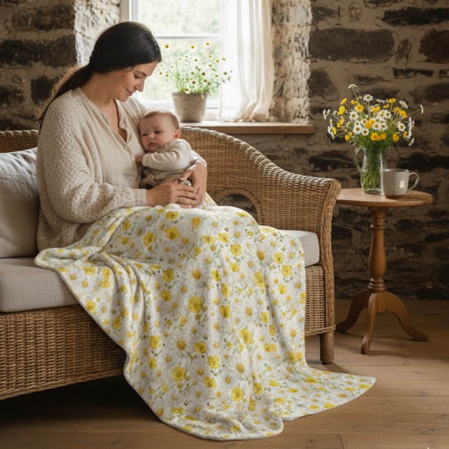 Yellow Watercolor Wildflower Pattern  Fleece Blanket (Creator Uploaded)