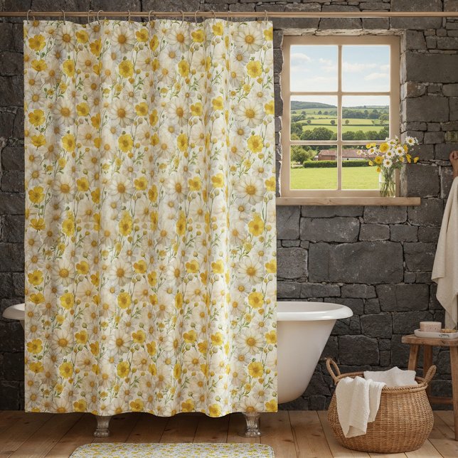 Yellow Watercolor Wildflower Pattern  Shower Curtain (Creator Uploaded)