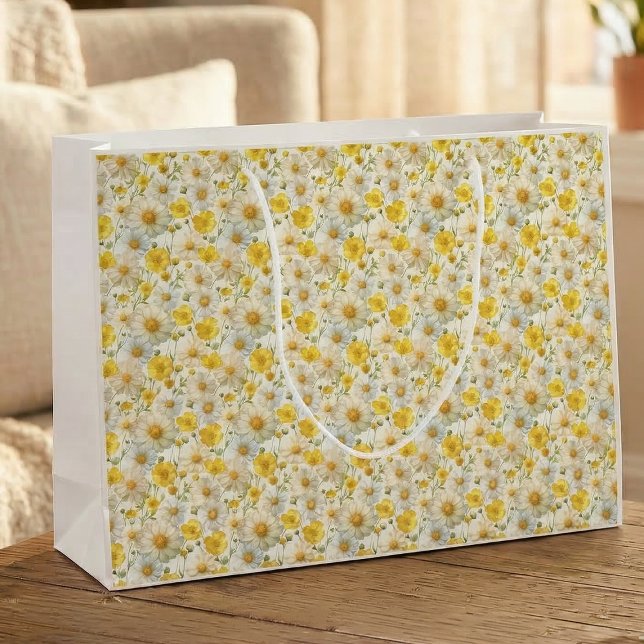Yellow Watercolor Wildflowers Pattern  Large Gift Bag (Creator Uploaded)
