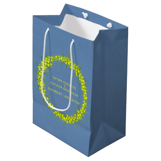 Yellow wattle acacia blue wedding gift bag (Front Angled)