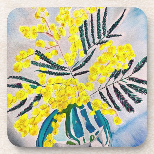 Yellow Wattle Australian native flower Coaster (Front)