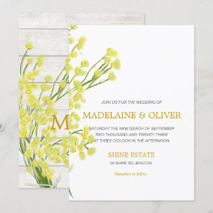 Yellow Wattle Botanical Rustic Wood Modern Wedding Invitation