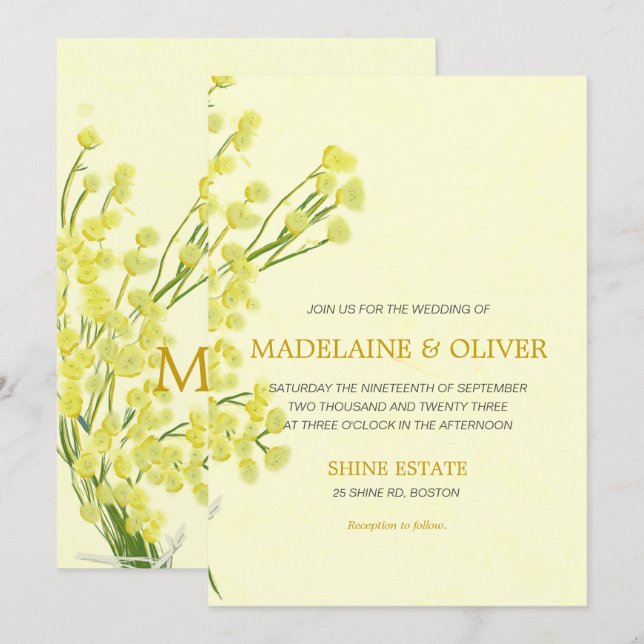 Yellow Wattle Botanical Simple Modern Wedding Invitation (Front/Back)