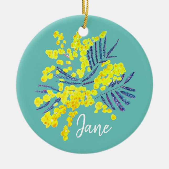 Yellow Wattle Mimosa Australian flower art Ceramic Tree Decoration (Front)