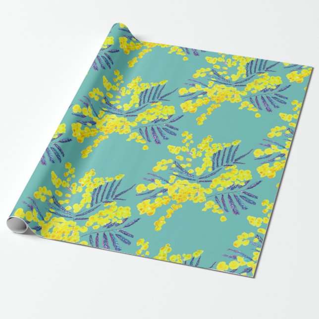 Yellow Wattle Mimosa Australian flower art Wrapping Paper (Unrolled)