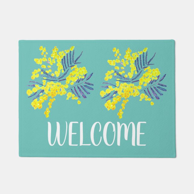 Yellow wattle mimosa flower art welcome mat (Front)