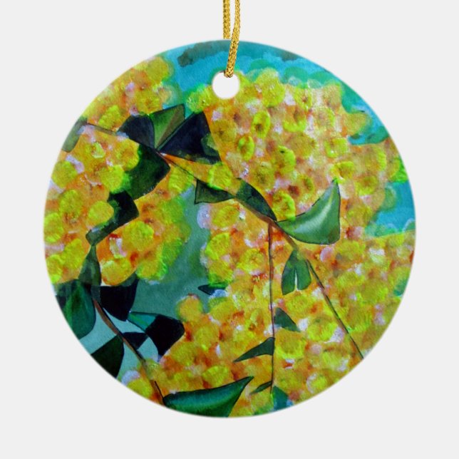 Yellow Wattle native Australian flower art Ceramic Tree Decoration (Front)
