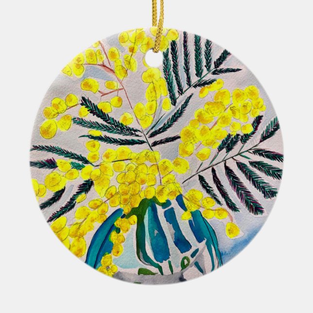 Yellow Wattle native Australian flower art Ceramic Tree Decoration (Front)