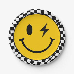 Yellow Wavy Checkered Happy Smile Birthday Paper Plate