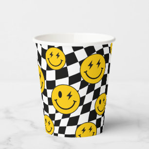 Yellow Wavy Checkered Retro Preppy Smile Birthday Paper Cups