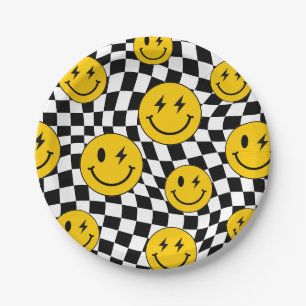 Yellow Wavy Checkered Retro Preppy Smile Birthday Paper Plate