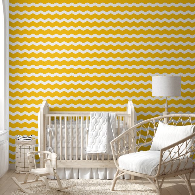 Yellow Wavy Ric Rac Striped Pattern Wallpaper (Kids)