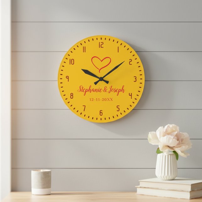 Yellow Wedding or Anniversary Gift Clock  (Wedding or Anniversary gift idea: personalized romantic wall clock.)
