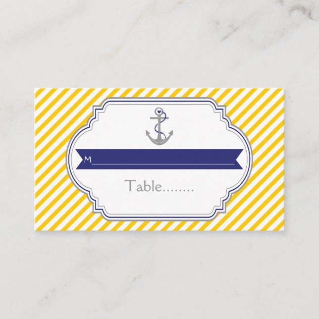 Yellow, white anchor nautical wedding place card (Front)
